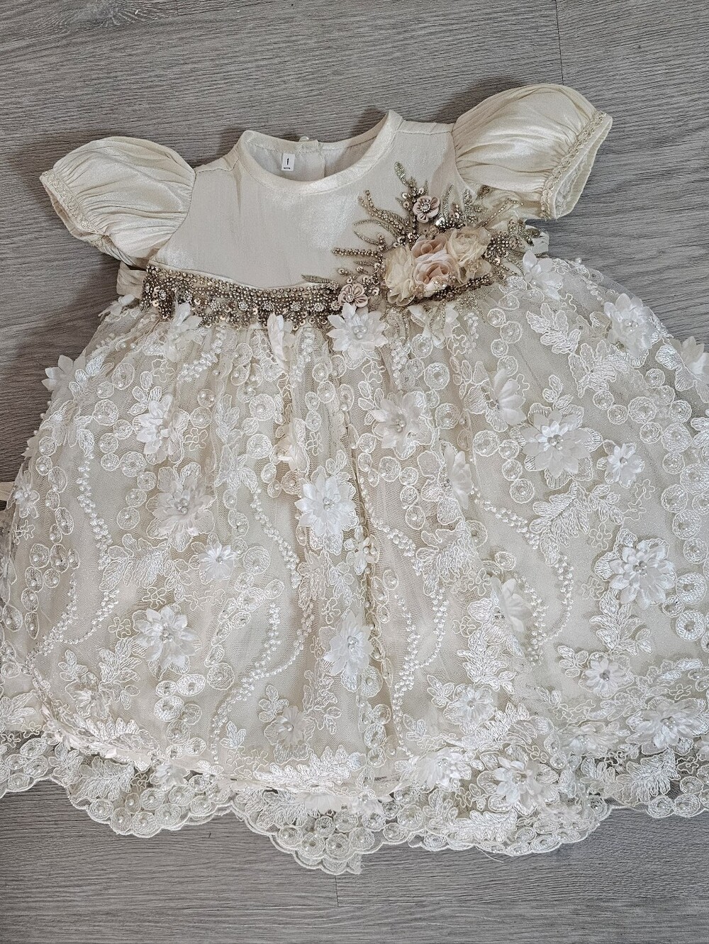 Ivory Lace Baby Girl Baptism Christening Gown Dress Rhinestone 3D Floral 12M /1